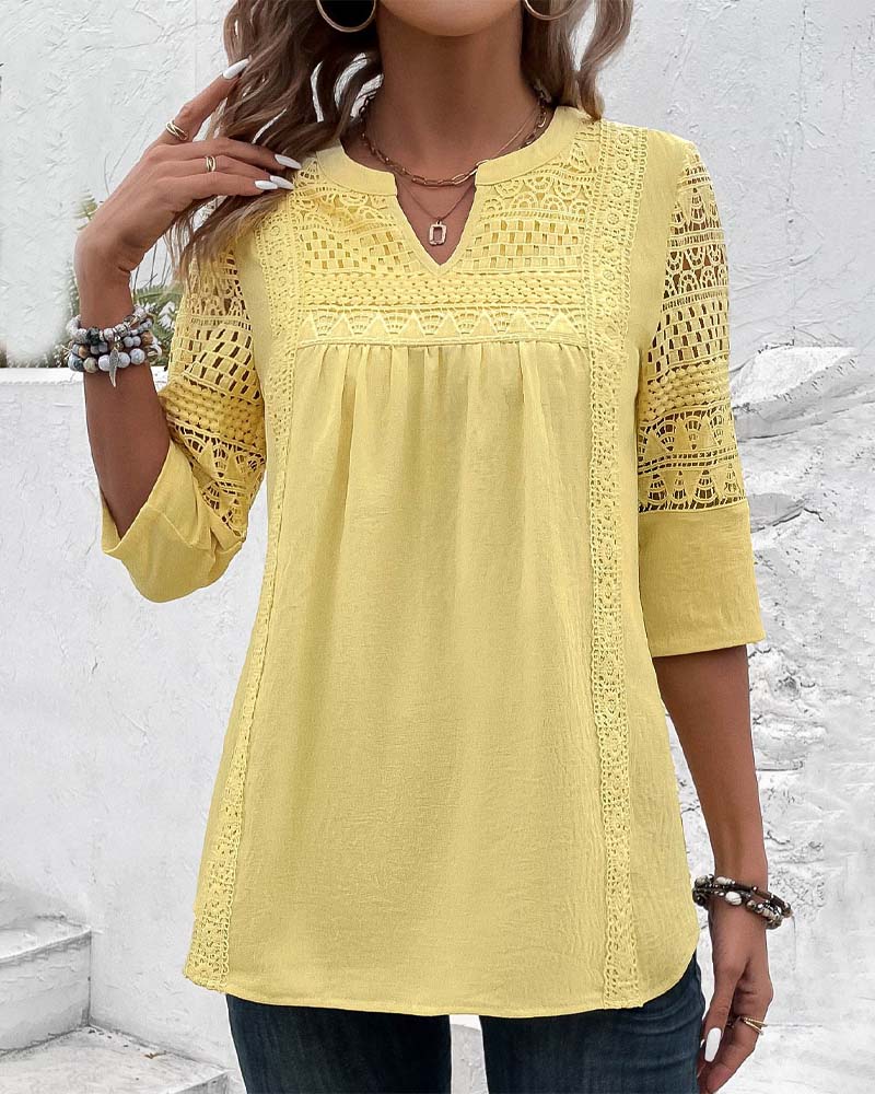 Viviane | Blouse Femme – Jaune Uni avec Dentelle & Manches 3/4 en Lin
