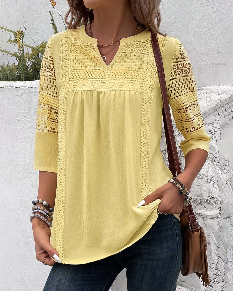 Viviane | Blouse Femme – Jaune Uni avec Dentelle & Manches 3/4 en Lin