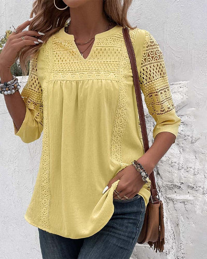 Viviane | Blouse Femme – Jaune Uni avec Dentelle & Manches 3/4 en Lin