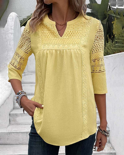 Viviane | Blouse Femme – Jaune Uni avec Dentelle & Manches 3/4 en Lin