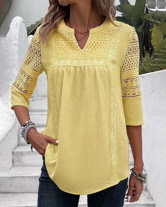 Viviane | Blouse Femme – Jaune Uni avec Dentelle & Manches 3/4 en Lin