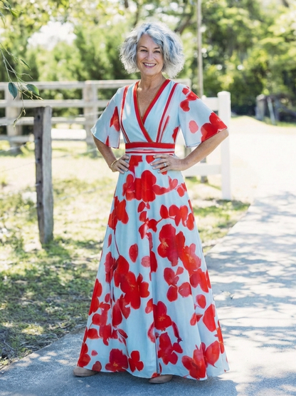 Corinne | Robe Maxi Fleurie à Manches Courtes en V