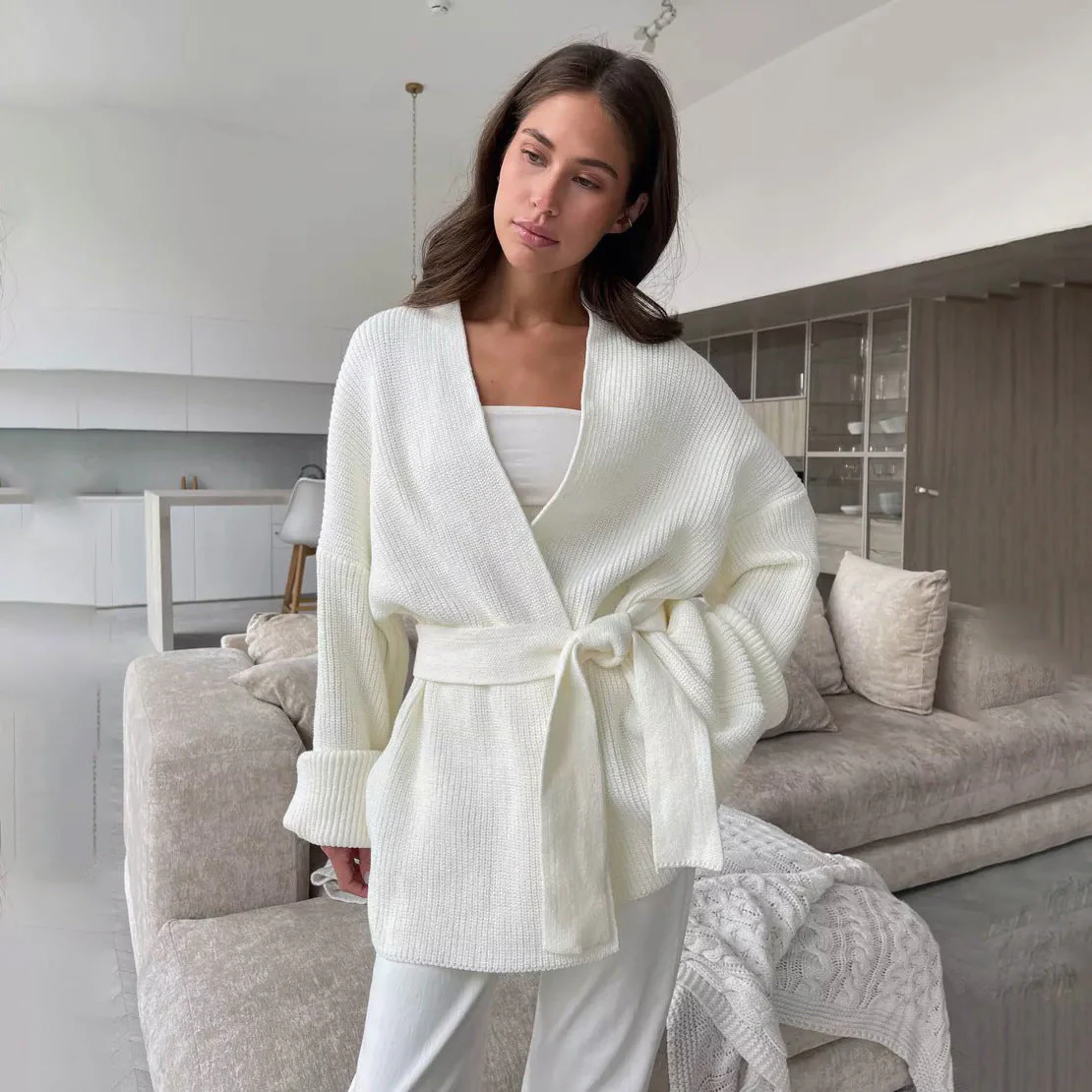 Liliane | Cardigan Femme Relaxed Fit Cache-Cœur en Maille Côtelée avec Ceinture à Nouer