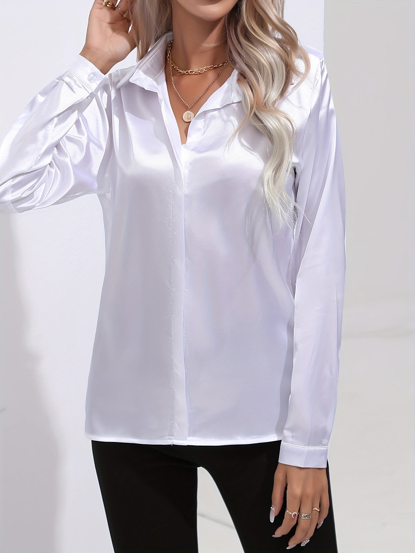 Ardeline | Blouse Satinée Femme Unie Col Revers Boutonnée Manches Longues