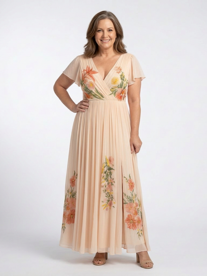 Calista | Robe Maxi Florale Plissée à Manches Courtes en V