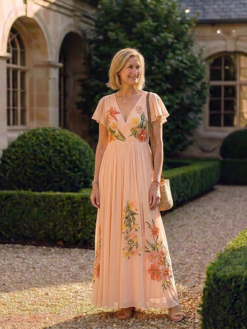 Calista | Robe Maxi Florale Plissée à Manches Courtes en V