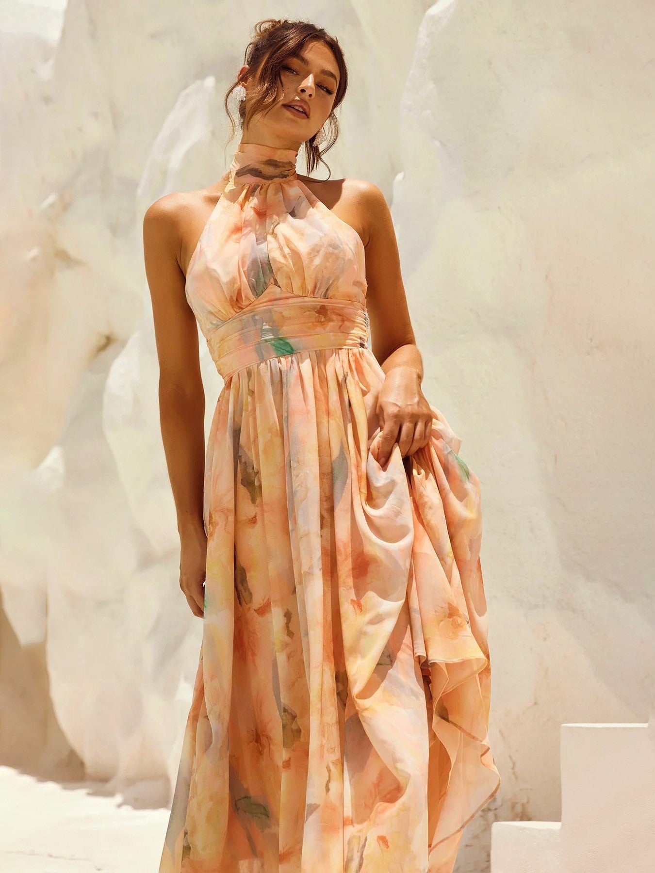 Esther | Robe à Col Halter avec Imprimé Aquarelle