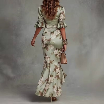 Lucía | Robe longue asymétrique en satin avec imprimé floral