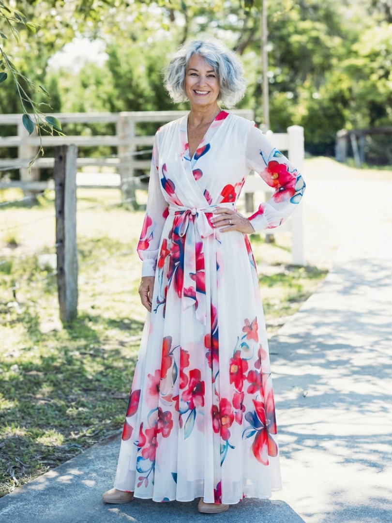 Lillian | Robe Maxi Wrap à Manches Longues Fleurie